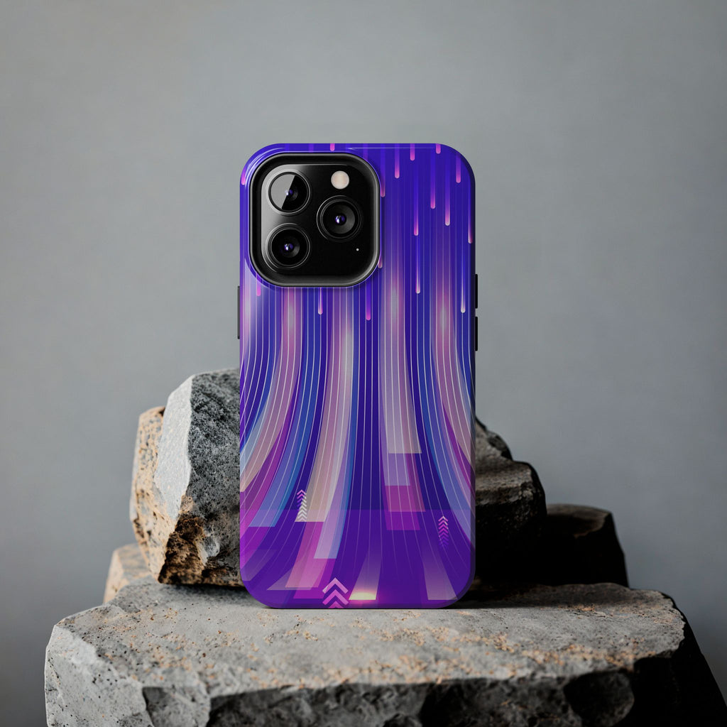 iPhone Samsung Tough Phone Case — Purple Gradient Light Trails Protective Cover — Abstract Glowing Dynamic Design