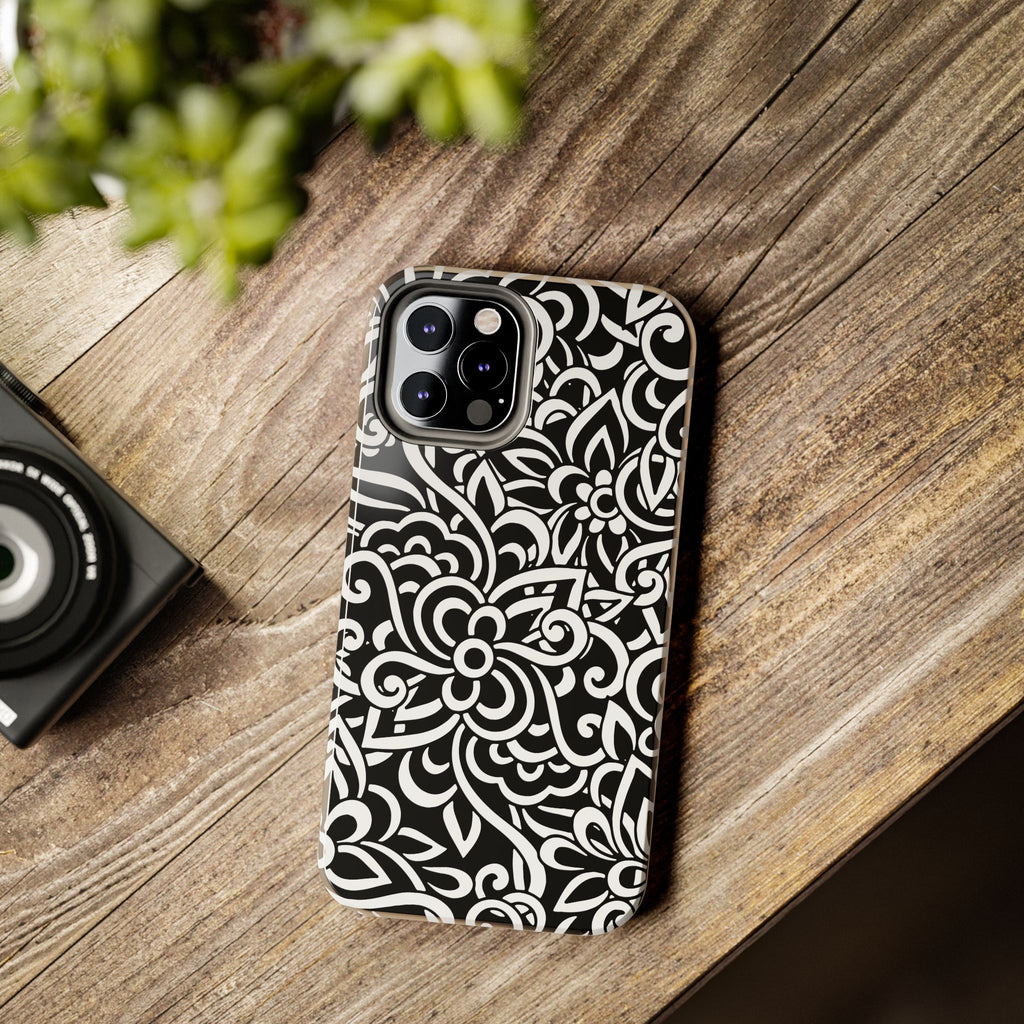 iPhone Samsung Floral Lace Tough Phone Case — Black & White Protective iPhone Cover #8594775703735