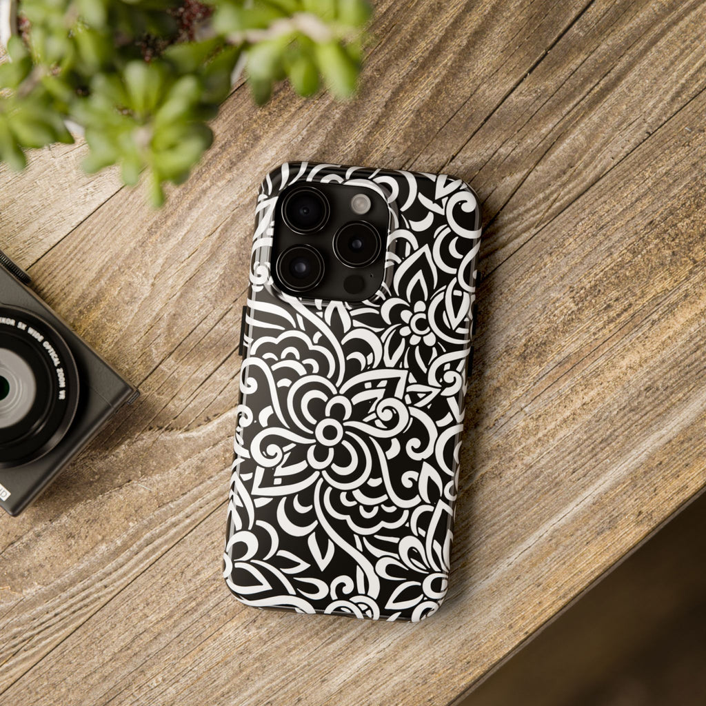 iPhone Samsung Floral Lace Tough Phone Case — Black & White Protective iPhone Cover #8594775703735