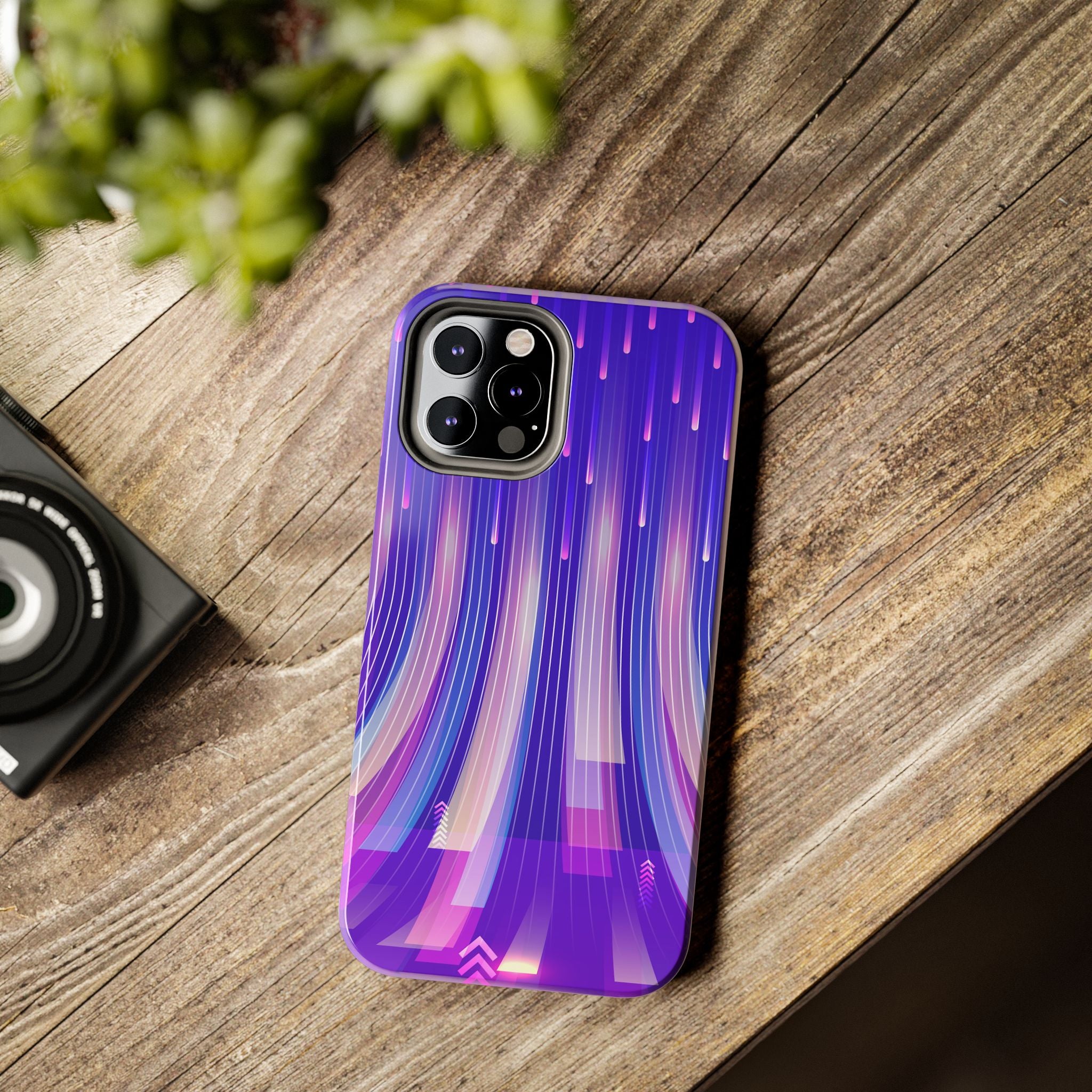 iPhone Samsung Tough Phone Case — Purple Gradient Light Trails Protective Cover — Abstract Glowing Dynamic Design